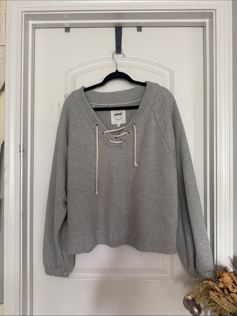 aerie Light Gray Lace-Up Pullover Sweatshirt